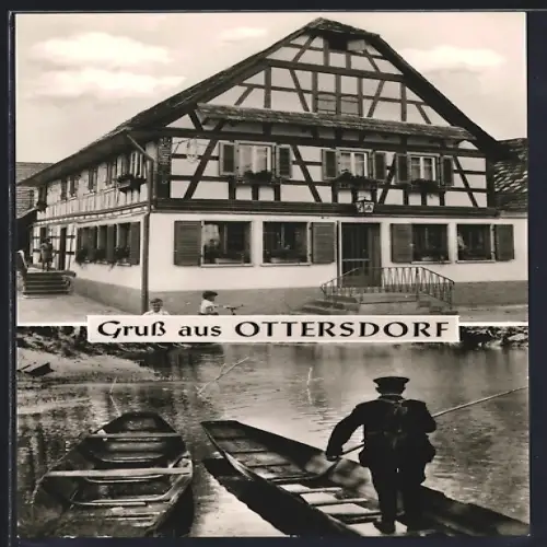 AK Ottersdorf, Altes Haus im Fachwerkstil, Fischer auf einem Ruderboot