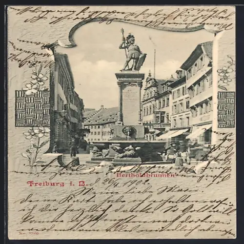 AK Freiburg i. B., Bertholdbrunnen, Strassenpartie
