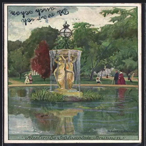 Künstler-AK Karlsruhe, Schlossplatz-Brunnen