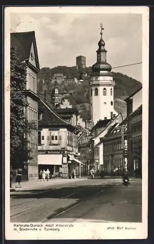 AK Karlsruhe-Durlach, Die strasse m. Stadtkirche u. Turmberg