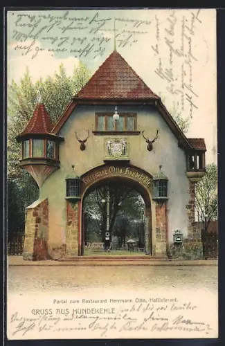 AK Berlin-Grunewald, Portal zum Restaurant Hundekehle, Inhaber H. Otto