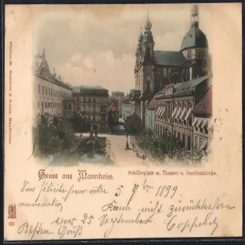 AK Mannheim, Schillerplatz m. Theater u. Jesuitenkirche
