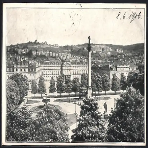 AK Stuttgart, Der Schlossplatz mit Brunnen