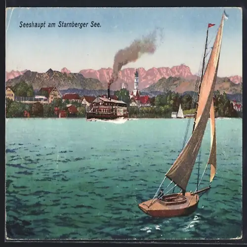 Künstler-AK Seeshaupt /Starnberger See, Dampschiff auf dem See mit Blick zu den Alpen