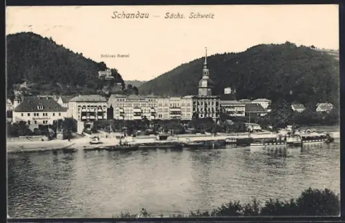 AK Schandau /Sächs. Schweiz, Hotel deutsches Haus mit Königl. Haupt-Zoll-Amt und Schloss Bastei