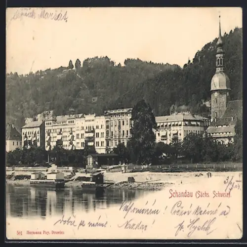 AK Schandau /Sächs. Schweiz, Das deutsche Haus und Dampfschiff Hotel