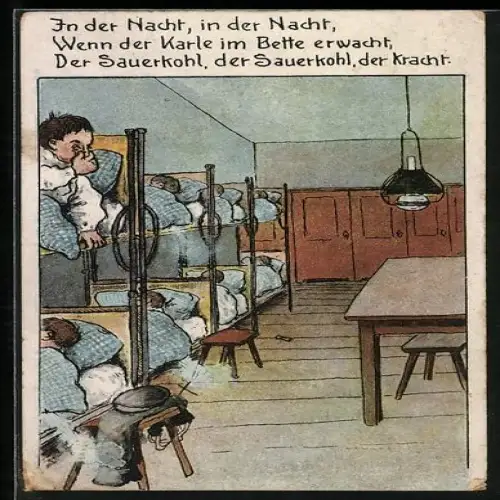 Künstler-AK Soldat liegt im Bett und hält sich die Nase zu, In der Nacht, in der Nacht, Wenn der Karle...