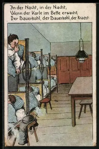 Künstler-AK Soldat liegt im Bett und hält sich die Nase zu, In der Nacht, in der Nacht, Wenn der Karle...