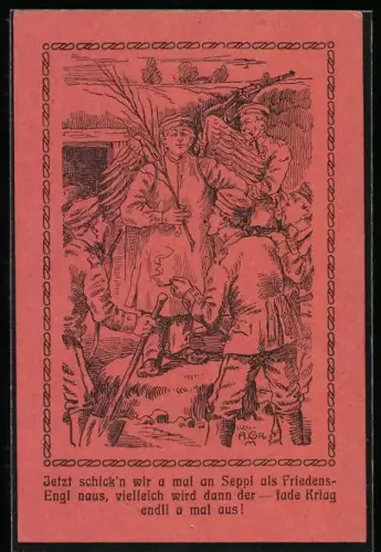 Künstler-AK Soldaten verkleiden einen als Engel, Jetzt schick`n wir a mal an Seppl als Friedens-Engl naus