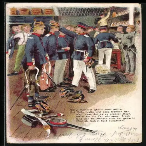 Künstler-AK Soldaten in Uniformen beim Ankleiden, Auf Kammer geht`s beim Militär sehr lustig und ganz fröhlich her...