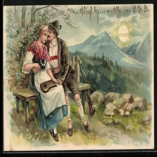 Mondschein-Lithographie Paar sitzt zusammen auf einer Bank, Frau spielt die Zither