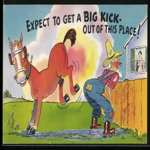 Künstler-AK Mann sieht einer Frau durchs Fenster zu, hinter ihr steht ein Pferd, Expect to get a big kick...