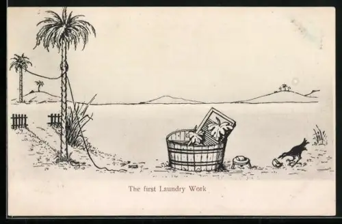 Künstler-AK Waschzuber mit Waschbrett mit Blättern, The first Laundry Work