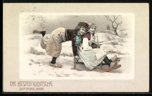AK Zwei Kinder mit einem Schlitten im Schnee, Die besten Wünsche zum neuen Jahre