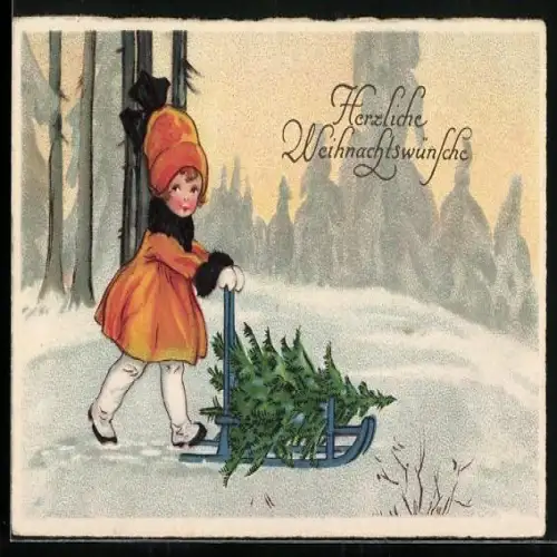 AK Kind mit einem Schlitten mit Tannenbaum im Schnee, Herzliche Weihnachtswünsche