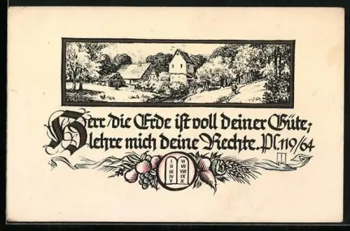 Künstler-AK Dortpanorama, Herr die Erde ist voll deiner Güte, lehre mich deine Rechte