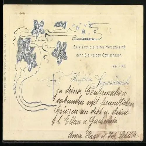 Präge-AK Silberne Blätter und Sterne, Selig sind, die reines Herzens sind, Denn Sie werden Gott schauen