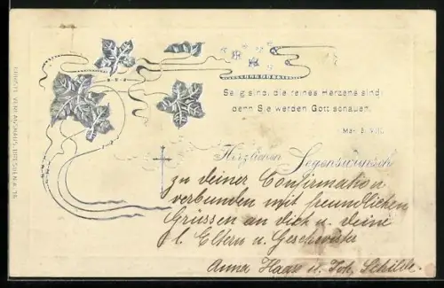 Präge-AK Silberne Blätter und Sterne, Selig sind, die reines Herzens sind, Denn Sie werden Gott schauen