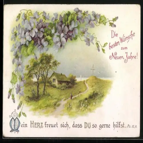 Künstler-AK Person auf einem Weg im Grünen, Mein Herz freuet sich, dass du so gerne hilfst, Neujahr