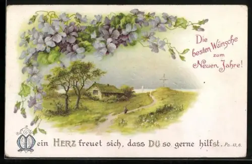 Künstler-AK Person auf einem Weg im Grünen, Mein Herz freuet sich, dass du so gerne hilfst, Neujahr