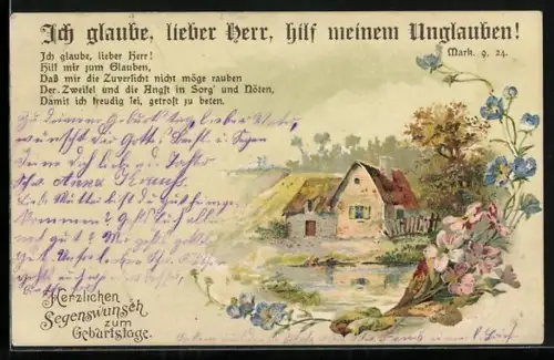 Lithographie Wasserpartie im Dorf, Ich glaube, lieber Herr, hilf meinem Unflauben, Geburtstagswünsche