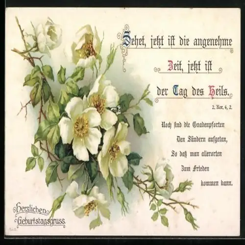 AK Blüten an einem Zweig, Sehet, jetzt ist die angenehme Zeit, jetzt ist der Tag des Heils, Geburtstagsgruss