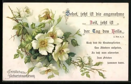 AK Blüten an einem Zweig, Sehet, jetzt ist die angenehme Zeit, jetzt ist der Tag des Heils, Geburtstagsgruss