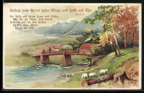 Künstler-AK Schafe am Flussufer, Befiehl dein Herrn deine Wege, und hoffe auf Ihn