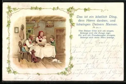 Lithographie Familie mit Hund sitzt zusammen am Tisch, Das ist ein köstlich Ding, dem Herrn danken, und lobsingen...