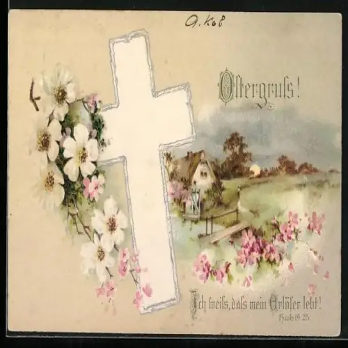 Künstler-AK Frühlingslandschaft mit Kreuz, Ich weiss, dass mein Erlöser lebt, Ostergruss