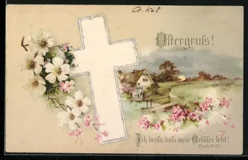 Künstler-AK Frühlingslandschaft mit Kreuz, Ich weiss, dass mein Erlöser lebt, Ostergruss