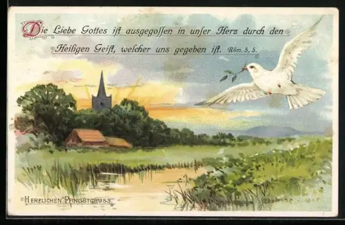 AK Weisse Taube fliegt mit einem Zweig im Schnabel über einen Fluss, Die Liebe Gottes ist ausgegossen in unser Herz...
