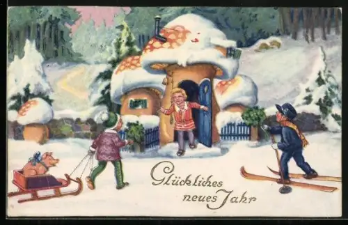 Künstler-AK Postbote auf Skiern und Kind mit Schlitten bringen Geschenke, Glückliches neues Jahr