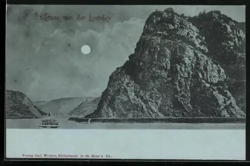 Mondschein-AK Dampfer bei einem Felsen, Gruss von der Loreley