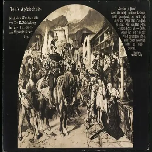 Künstler-AK Tell`s Apfelschuss, Nach dem Wandgemälde von Dr. E. Stückelerg