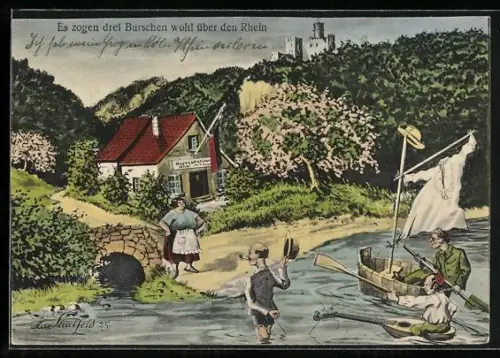 Künstler-AK Es zogen drei Burschen wohl über den Rhein, Drei Männer überqueren einen Fluss