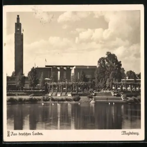 AK Magdeburg, Partie am Adolf Mittagsee mit Ausstellungsturm