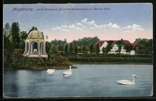 AK Magdeburg, Adolf Mittagsee, Blick auf Schützenhaus u. Marien-Insel