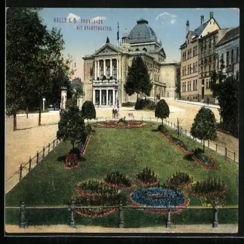 AK Halle a. S., Promenade mit Stadttheater