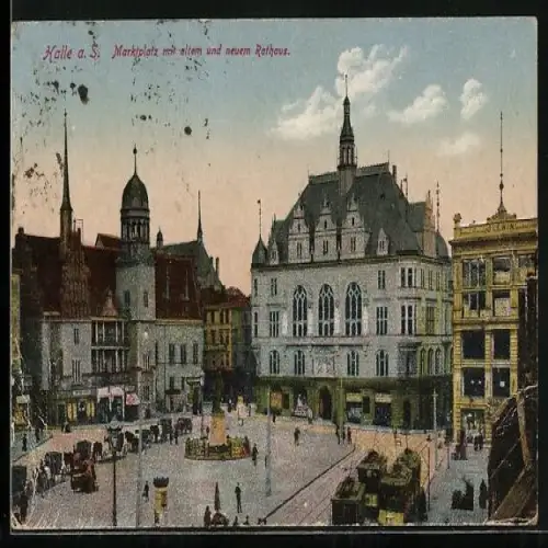 AK Halle a. S., Marktplatz mit altem und neuem Rathaus, Strassenbahn
