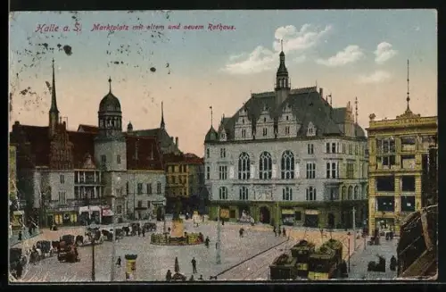 AK Halle a. S., Marktplatz mit altem und neuem Rathaus, Strassenbahn
