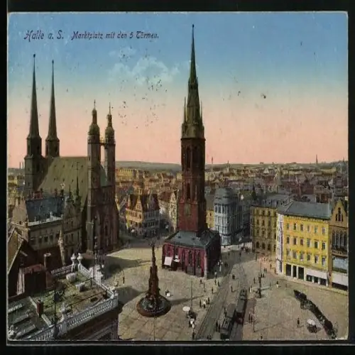 AK Halle / Saale, Marktplatz mit den 5 Türmen, Strassenbahnen