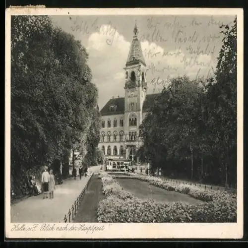 AK Halle a. S., Blick nach der Hauptpost mit Strassenbahn