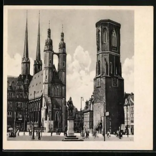 AK Halle /S., Marktkirche und Roter Turm mit Denkmal