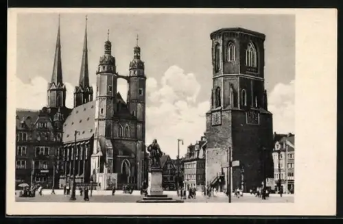 AK Halle /S., Marktkirche und Roter Turm mit Denkmal
