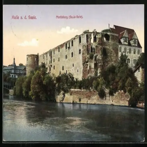 AK Halle / Saale, Moritzburg von der Saale gesehen