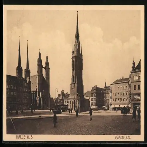 AK Halle a. S., Marktplatz mit Strassenbahn