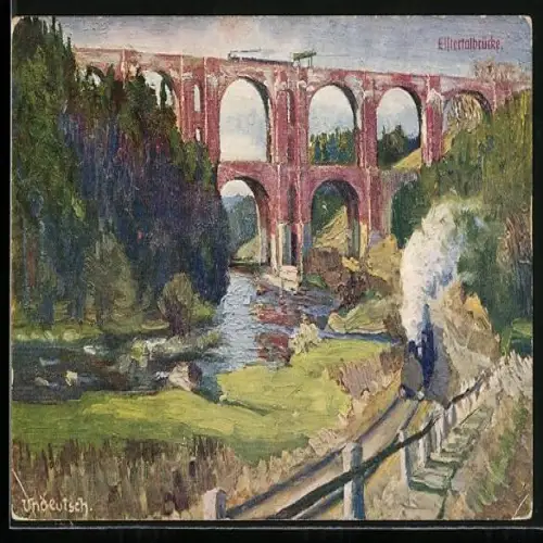 Künstler-AK Jocketa, Elstertalbrücke mit Eisenbahn