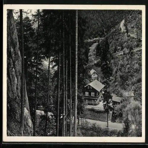 AK Schwarzatal /Thüringer Wald, Schweizerhaus mit Aufstieg zum Trippstein