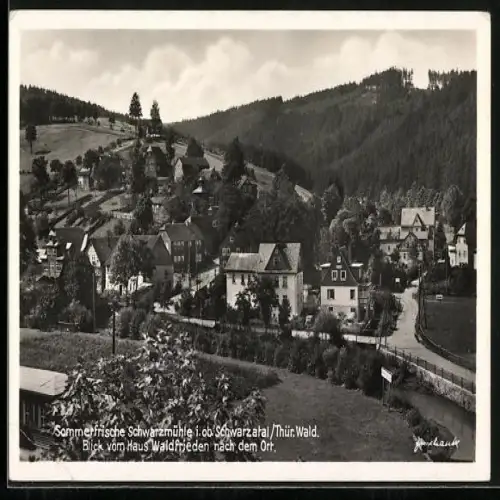AK Schwarzmühle i. ob. Schwarzatal, Blick vom Hotel Haus Waldfrieden nach dem Ort